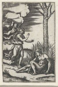 Sovende mann og nymfe jaget av Amor av Marcantonio Raimondi