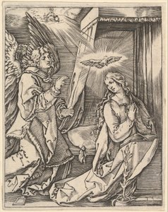 Bebudelsen, til venstre nærmer erkeengelen Gabriel seg til den bedende jomfru..., ca. 1500-1534. av Marcantonio Raimondi