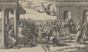 The Martyrium of Saint Cecilia stående naken i en stor gryte, til venstre under..., ca. 1520-25.