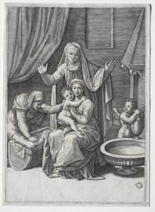 Jomfruen og vuggen med den hellige Elisabeth og den hellige Anne, 1520. av Marcantonio Raimondi