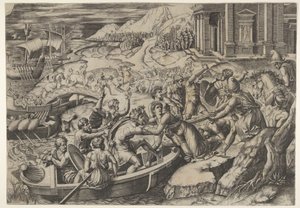 Bortføringen av Helen, kampscene på en kysten med to menn som trekker Helen inn i en b..., ca. 1520-27. av Marcantonio Raimondi