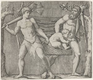 To fauner bærer et barn i en kurv av Marcantonio Raimondi