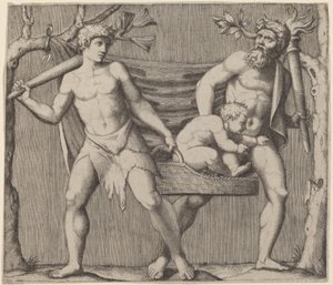 To fauner som bærer et barn av Marcantonio Raimondi