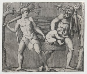 To fauner som bærer et barn i en kurv, ca. 1513-1515. av Marcantonio Raimondi