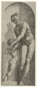 Venus og Amor står i nisje av Marcantonio Raimondi
