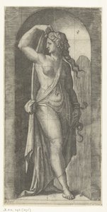 Kvinne som personifisering av Prudentia med slange og maske Seven Virtues (serietittel) av Marcantonio Raimondi