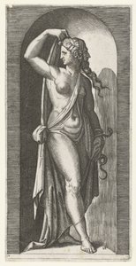 Kvinne som personifisering av Prudentia med slange og maske Seven Virtues (serietittel) av Marcantonio Raimondi