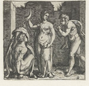 Kvinne med halvmåne flankert av faun som blåser i horn og mann på huk av Marcantonio Raimondi