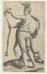 Kvinne med hestehodelag som personifisering av Temperance (Temperantia) av Marcantonio Raimondi