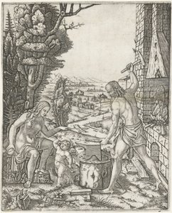 Vulcan smir piler og vinger for Amor i nærvær av Venus av Marcantonio Raimondi