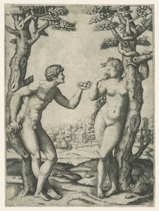 Adams og Evas fall ved treet til kunnskap om godt og ondt med slange av Marcantonio Raimondi