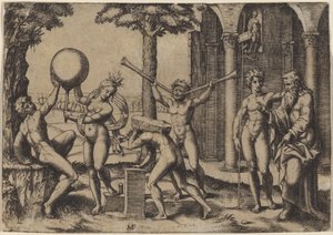 Mannen med to trompeter av Marcantonio Raimondi after Baccio Bandinelli