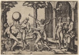 Mannen med to trompeter av Marcantonio Raimondi after Baccio Bandinelli