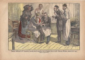Pasteur, assistert av Dr. Grancher, inokulerte det berømte viruset for første gang i den lille Alsace-mesteren, infisert med rabies., Le Pèlerin, 5/11/1922 (trykk) av Marcel Lecoultre