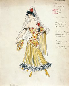 Frankrike, Paris, skisse av kostyme for flamencodansere for Carmen av Georges Bizet