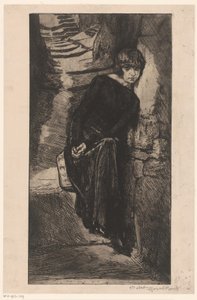 Kvinne kledd i svart, lent mot veggen Misère de misère (tittel på objekt) Girl of pleasure (serietittel) Fille de Joï (serietittel på objekt) av Marcel Roux (signed by artist)