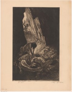 Interiøret i en mørk hule med skapninger som fortærer en naken mann Guet-aper (tittel på objekt) av Marcel Roux (signed by artist)