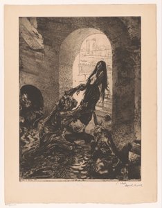 Monster tar tak i en kvinne som står i døråpningen Offrande a Moloch (tittel på objekt) Girl of pleasure (serietittel) Fille de Joie (serietittel på objekt) av Marcel Roux (signed by artist)