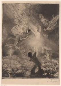 Flamme i form av en kvinne, omgitt av menn med vinger som brenner og krasjer femme flamme Girl of pleasure (serietittel) Fille de Joie (serietittel på objekt) av Marcel Roux (signed by artist)