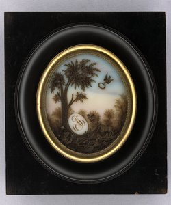 Plakett, ca. 1880 (akvarell og hårarbeid på glass, forgylt, tre og glass) av Marcellin Marcellin