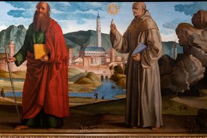 St. Francis mottar stigmata blant St. Clare og Peter, den velsignede Bartolomeo av Breganze, og St. Paul og Bernardino, detalj