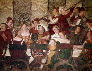 Kongen av Danmark Christian I på en bankett arrangert av Bartolomeo Colleoni. Detalj av invitasjoner (fresco, ca. 1480)