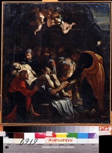 Nedstigningen fra korset. Blant karakterene representert rundt Jesu Kristi kropp: Jomfru Maria, Saint Mary Magdalene, Saint Joseph of Arimathea og Saint Nikodemus. Maleri av Marcelle Venusti (1512 eller 1515-1579). H