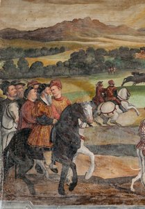 Jaktscene, detalj av besøket til Christian I av Danmark til Bartolomeo Colleoni, æreshallen