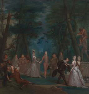 Scene i en park, med figurer fra Commedia dell'Arte