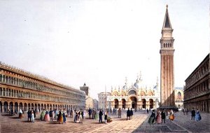 Piazza S. Marco, gravert av Brizeghel (litho) av Marco (after) Moro