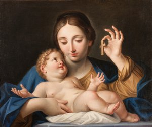 Madonnaen viser et lite kors til Jesus (olje på lerret)
