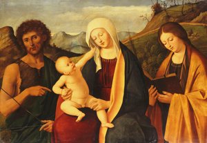 Madonnaen og barnet, med døperen Johannes og en kvinnelig helgen,
