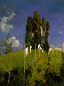 Meadow of laundery, siste kvartal av 1800-tallet, av Marco Calderini (1850-1941), olje på lerret, 65x51 cm. Italia