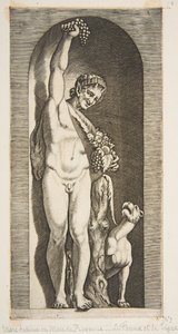 En faun som står i en nisje og holder en drueklase med høyre hånd og ..., ca. 1515-27. av Marco Dente