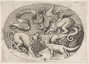En løve, drage og rev som kjemper mot hverandre, en påskrevet banderole over, en oval c..., ca. 1515-27. av Marco Dente