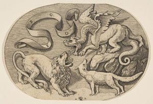 En løve, drage og rev som kjemper mot hverandre, en påskrevet banderole over, en oval c..., ca. 1515-27.