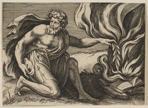 En mann som kneler og legger en laurbærgren på en haug med brennende bøker, ca. 1515-27. av Marco Dente