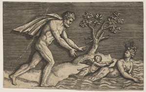 En naken mann som jager en naiad og en amor ned i vannet, ca. 1515-27.