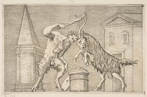 En satyr og en vær angriper hverandre, satyren svinger en kølle med sin høyre ha..., ca. 1515-27. av Marco Dente