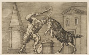 En satyr og en vær angriper hverandre, satyren svinger en kølle med sin høyre ha..., ca. 1515-27.