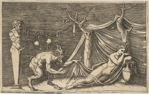 En satyr som oppdager en sovende kvinne, to krabber hengende i et tau som er spent..., ca. 1515-27.