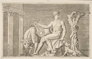 Apollo passet flokkene til Admetus, Apollo sittende med en lyre og flankert av en..., ca. 1515-27. av Marco Dente