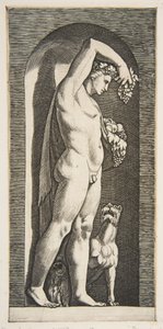 Bacchus står i en nisje og holder druer i sin løftede høyre hånd, frukt i l..., ca. 1515-27. av Marco Dente