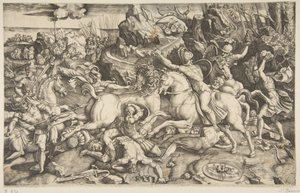 Kampscene i et landskap med soldater til hest og flere falne menn, en annen..., ca. 1520. av Marco Dente