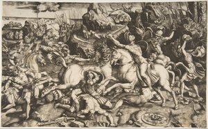 Kampscene i et landskap med soldater til hest og flere falne menn, en annen..., ca. 1520. av Marco Dente