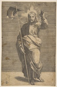 Kristus står vendt fremover, holder et kors med et banner og løfter venstre ..., ca. 1515-27. av Marco Dente