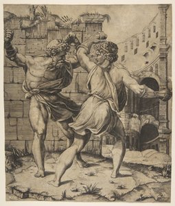 Entellus og Dares kjemper foran klassiske ruiner, 1520-25. av Marco Dente