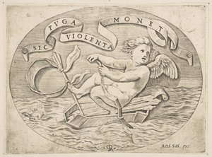 Eros Rømmer sjøveien, Amor bruker baugen for å drive en båt laget av koggeret hans..., ca. 1515-27. av Marco Dente
