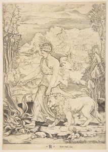 Motstand i profilvisning går mot et bål til venstre og leder en selet løe..., ca. 1515-27. av Marco Dente