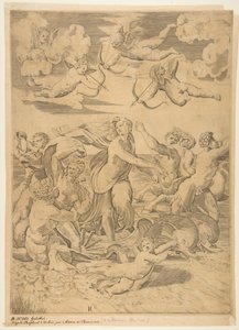 Galatea rir i et skjell trukket gjennom vannet av delfiner, en amor under og f..., ca. 1515-27. av Marco Dente